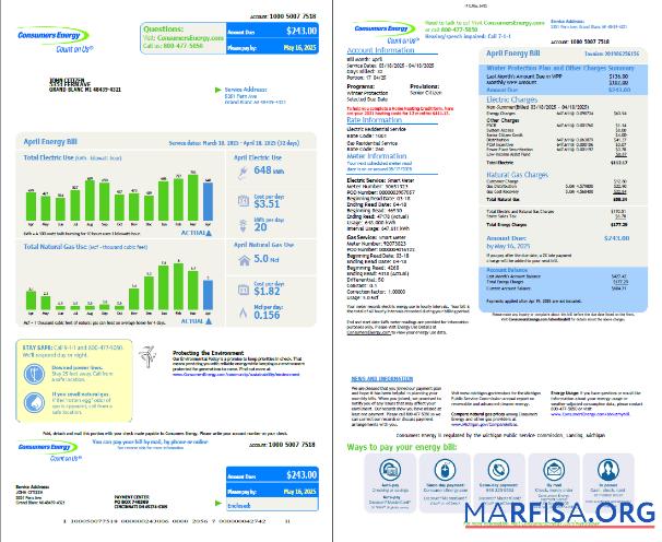 Realistic USA Consumers Energy utility bill template in Word and PDF formats, 2 pages, vesion 2